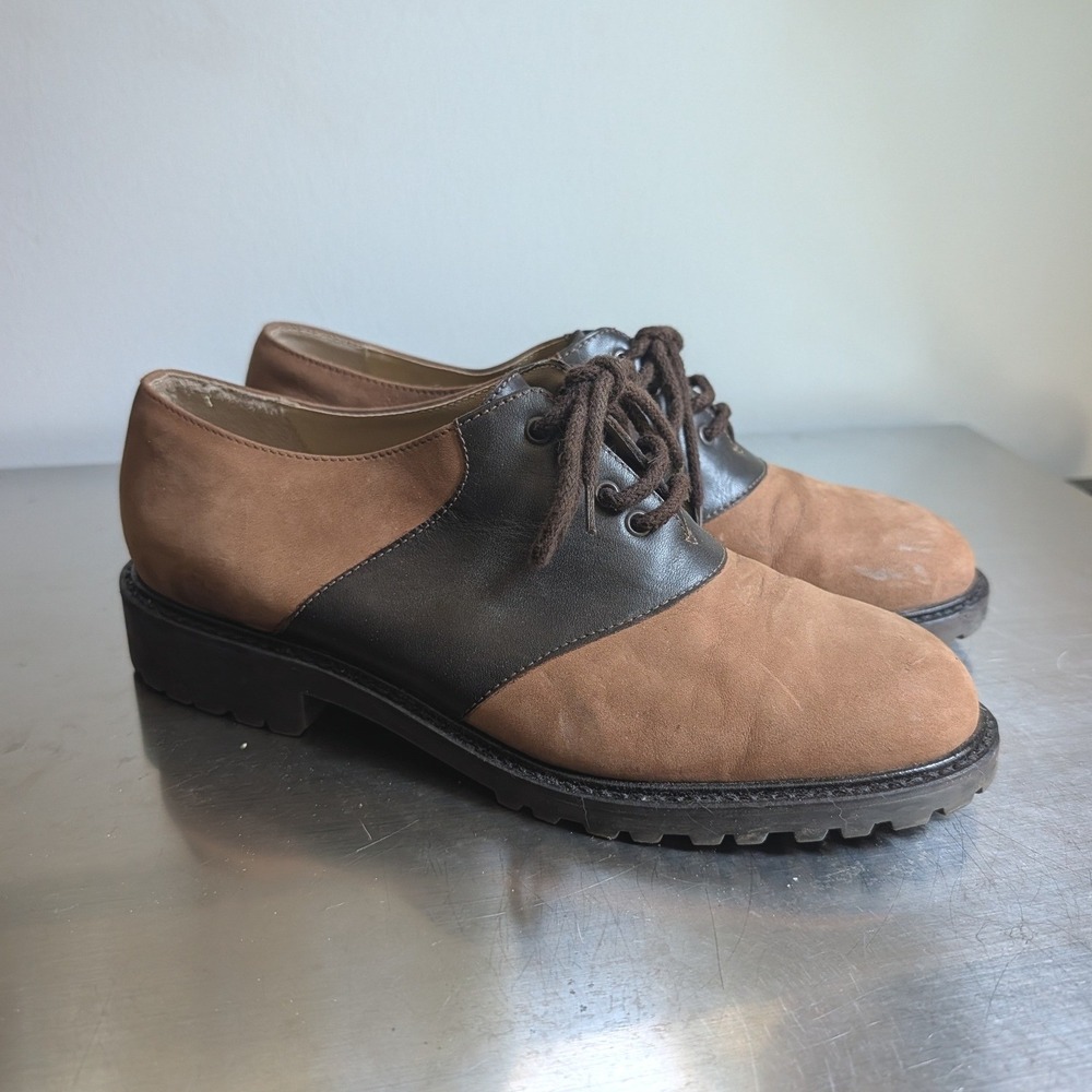 Vintage GH Bass & Co Brown Leather Tan Nubuck Saddle Shoes Lug Sole 8M Preppy